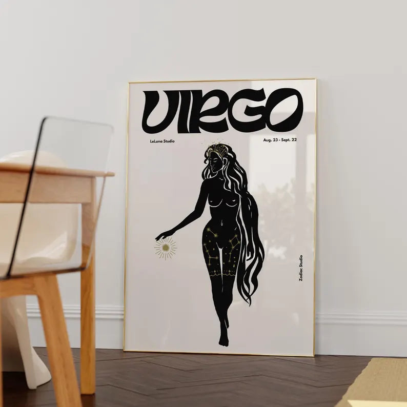 Black Retro Virgo Wall Art Poster/Printable Art/Minimalist Wall Art/Trendy Astrology Art/Virgo Art Print/ Digital Download/Zodiac Art