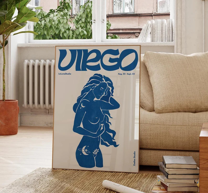 Blue Retro Virgo Wall Art Poster/Printable Art/Minimalist Wall Art/Trendy Astrology Art/Virgo Art Print/ Digital Download/Zodiac Art