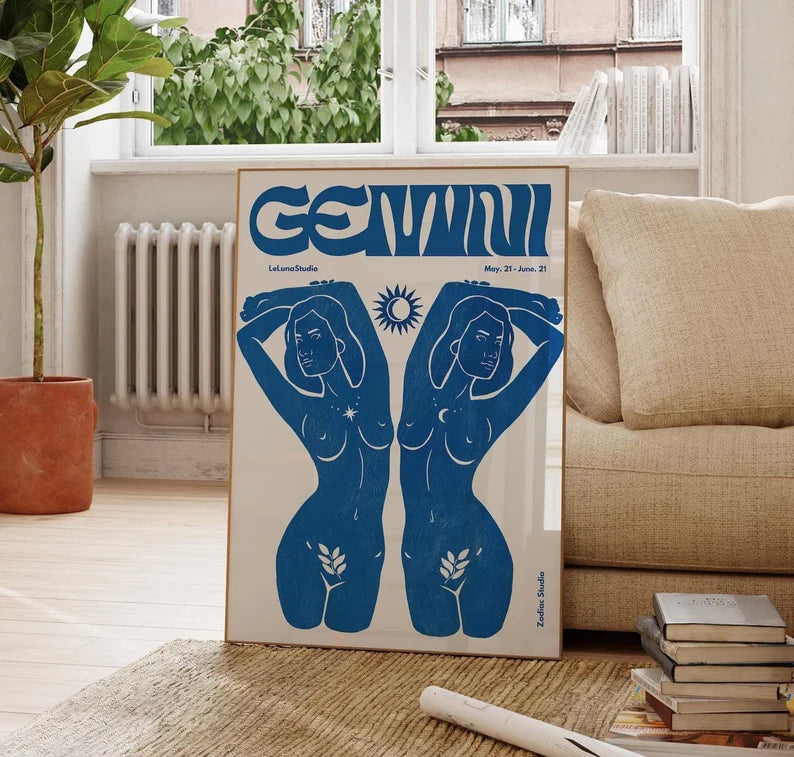Blue Retro Gemini Wall Art Poster/Printable Art/Minimalist Wall Art /Trendy Astrology Art/Gemini Art Print/ Digital Download/ Zodiac Art