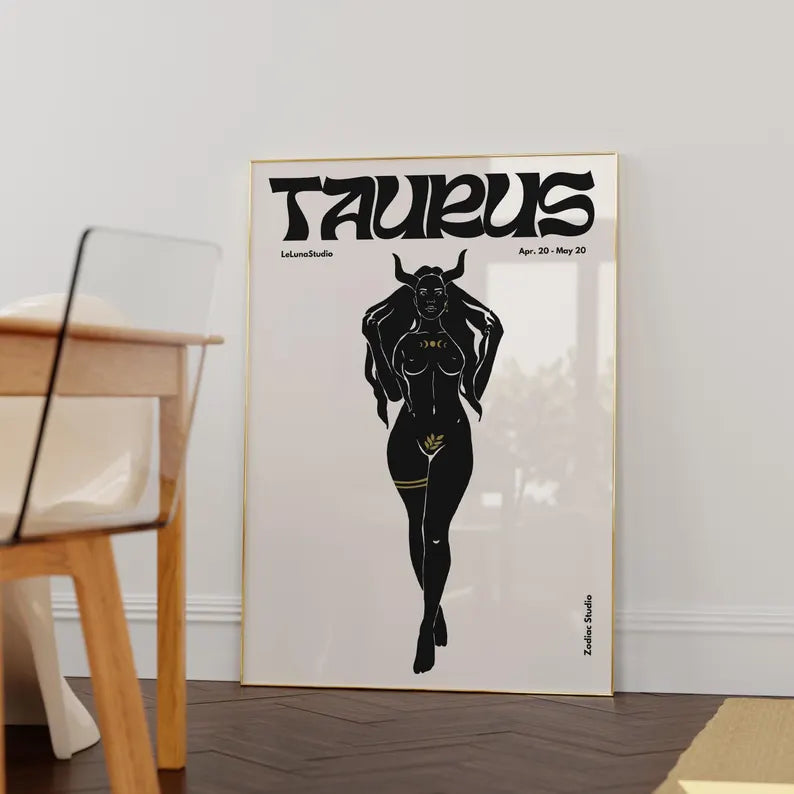 Black Retro Taurus Wall Art Poster/Printable Art/Minimalist Wall Art /Trendy Astrology Art/Taurus Art Print/ Digital Download/ Zodiac Art